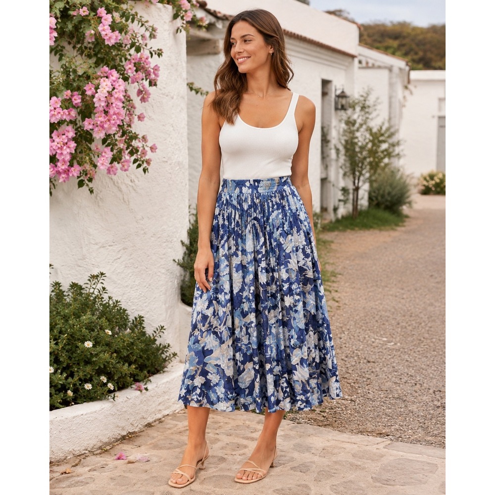 Silk Midi Skirt Womens M Blue Floral Elastic Waist Flowy Coastal Boho Resort‎